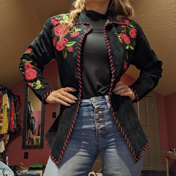 The Quacker Factory Jackets & Blazers - 100% leather suede jacket with whip stitching and rose embellishments